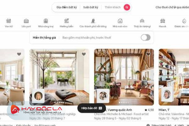 Airbnb - các trang web bán phòng khách sạn