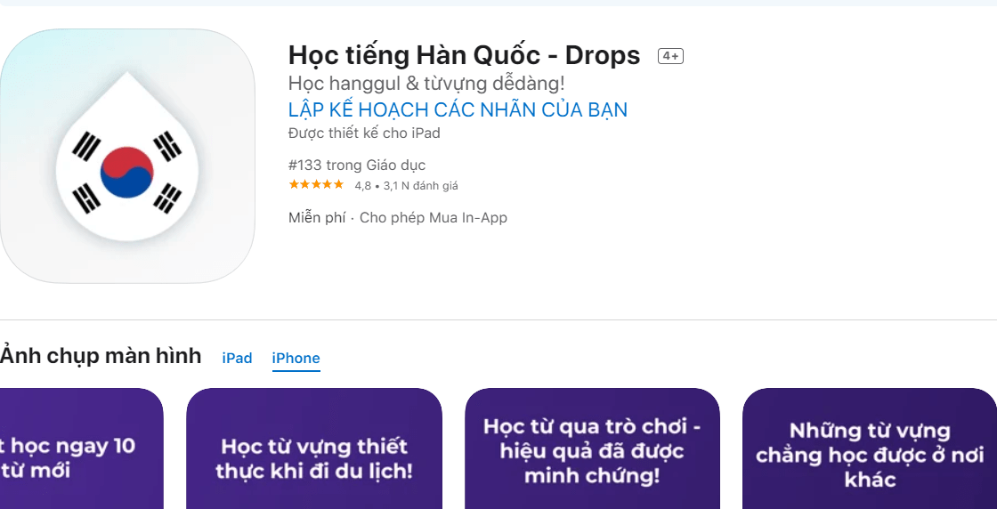 Drops là một ứng dụng học tiếng Hàn trên iPhone