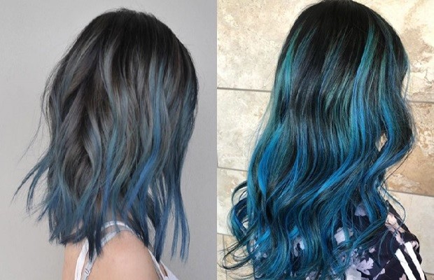 nhuộm tóc highlight màu xanh