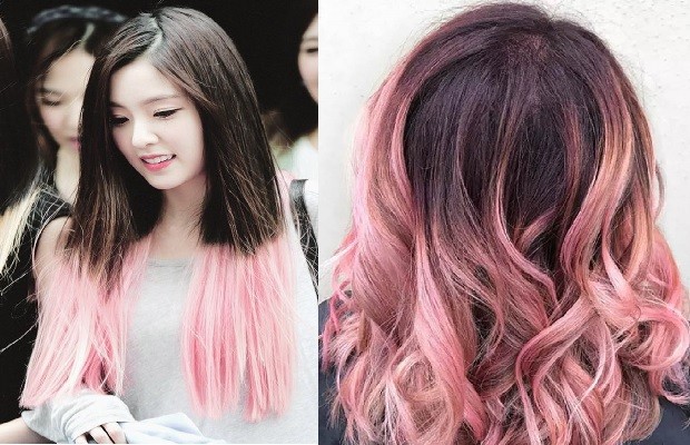 nhuộm tóc highlight màu hồng 