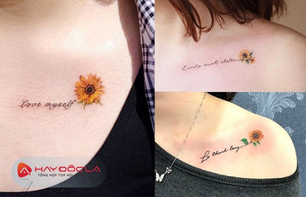 tatoo hoa hướng dương kết hợp với chữ mini