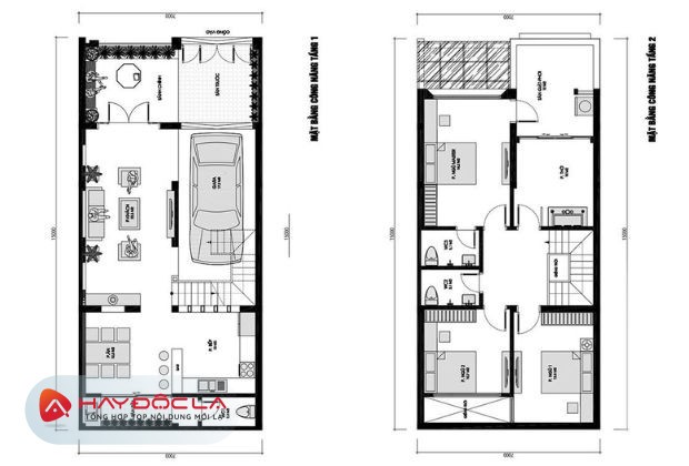 bản vẽ nhà 2 tầng 3d - công năng cho ngôi nhà 2 tầng với diện tích 7x15m