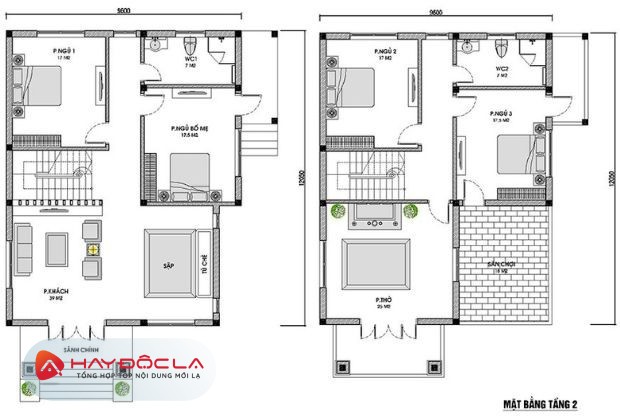 bản vẽ nhà 2 tầng 3d - mặt bằng mẫu nhà 2 tầng 4 phòng ngủ